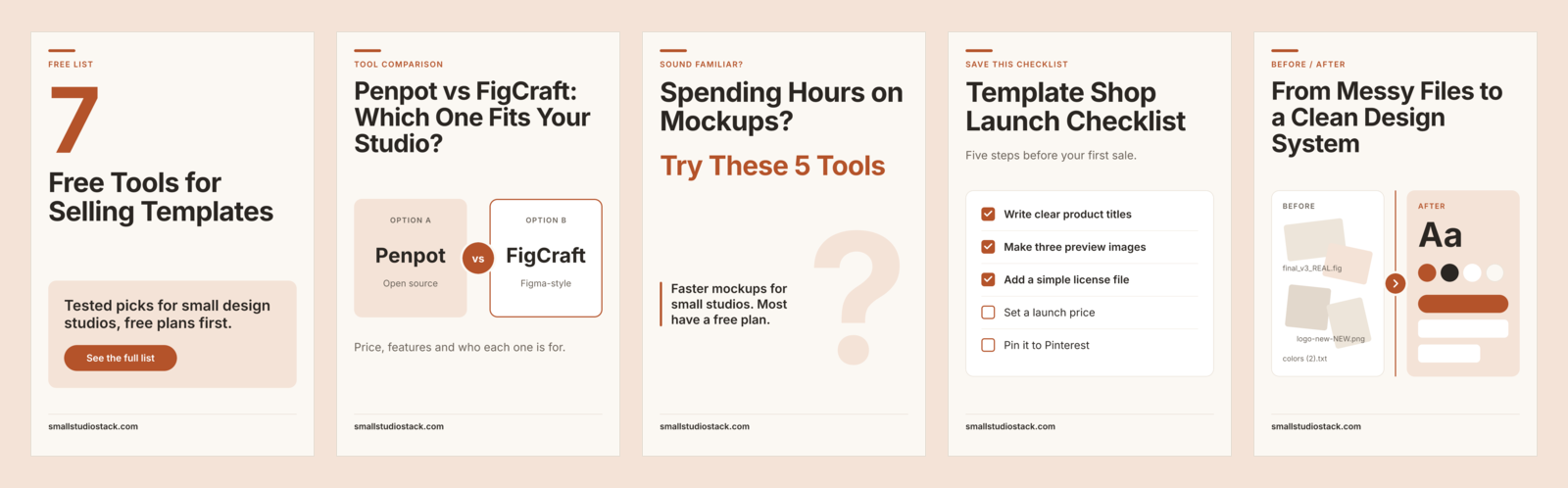 The five layouts in the free Pinterest pin template: number, comparison, problem first, checklist and before/after